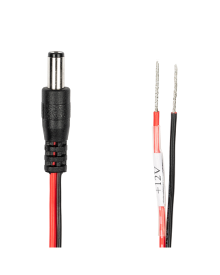12 Volt Barrel Plug Cable - 1 foot, 2.1mm Male to Pigtail (+/-), 20AWG