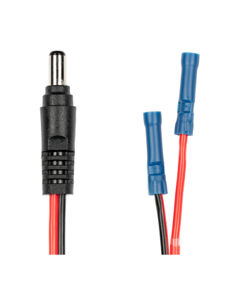 24 Volt Barrel Plug Cable - 1 foot, 2.1mm Male to Pigtail (+/-), 16AWG, pre-installed splice connectors